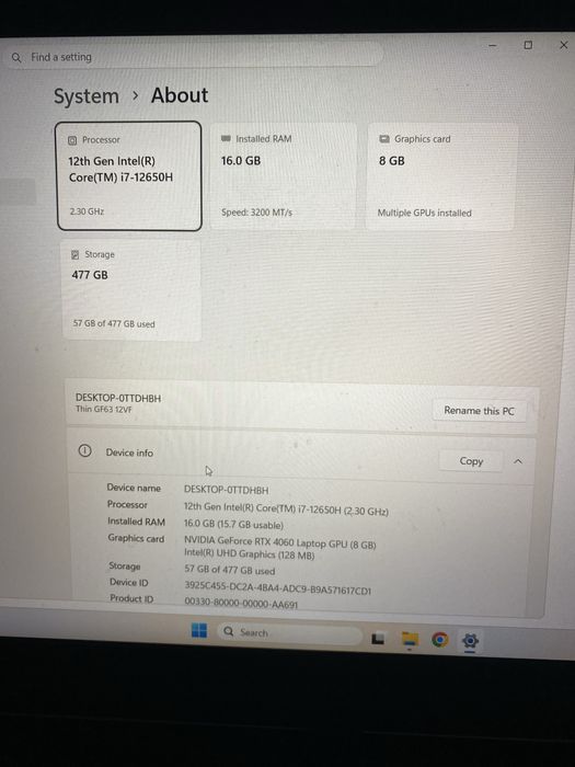 Laptop gaming MSI Thin GF63 12VF i7, RTX 4060 cu garantie