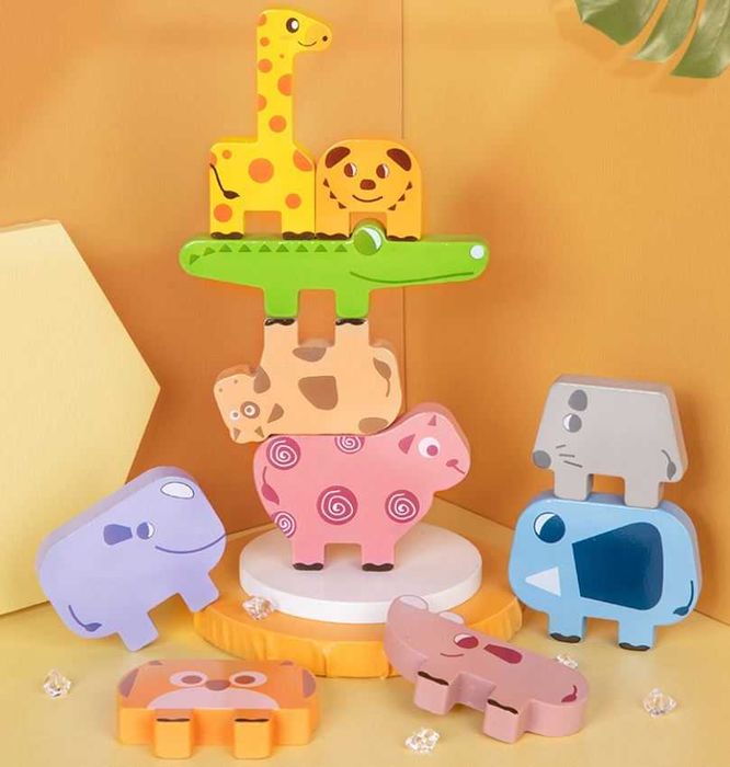 Joc Montessori de Stivuire Animale din Lemn, 10 Piese, 10 Cartonase