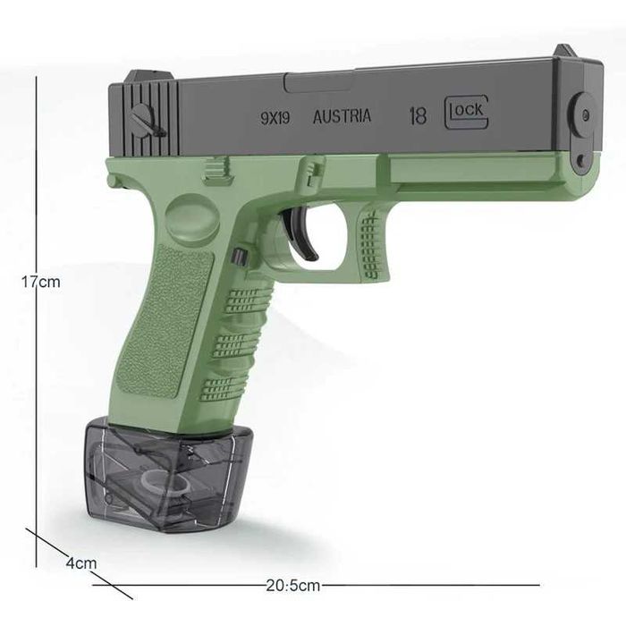Детски воден пистолет Glock, Електрически, Автоматичен, Зелен