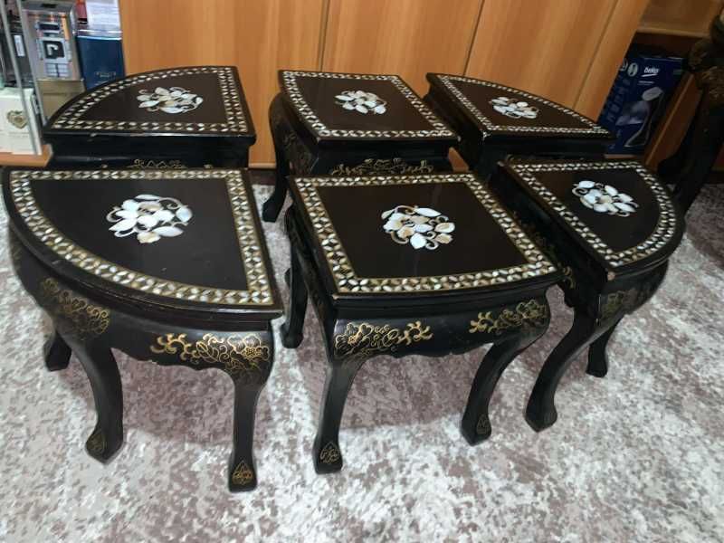 Masuta ovala cu sase scaune Intarsie negru