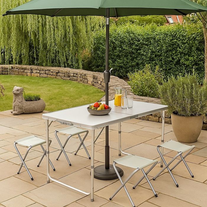 Комплект сгъваема алуминиева маса с 4 стола – идеален за къмпинг, двор