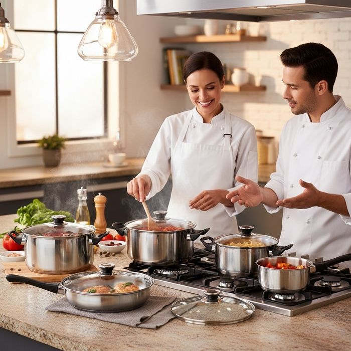 Комплект готварски съдове от инокс 12 части: 5 тенджери, тиган и стъкл