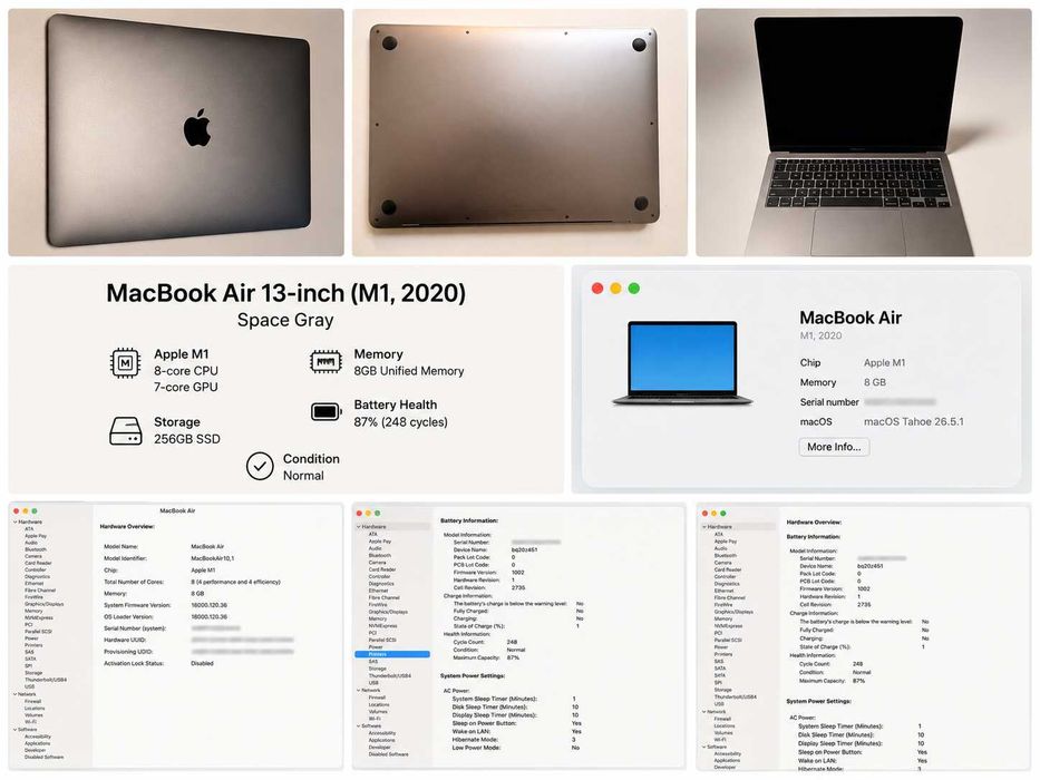 MacBook Air 13” M1 2020, 8GB RAM, 256GB SSD, Space Gray, Full Box