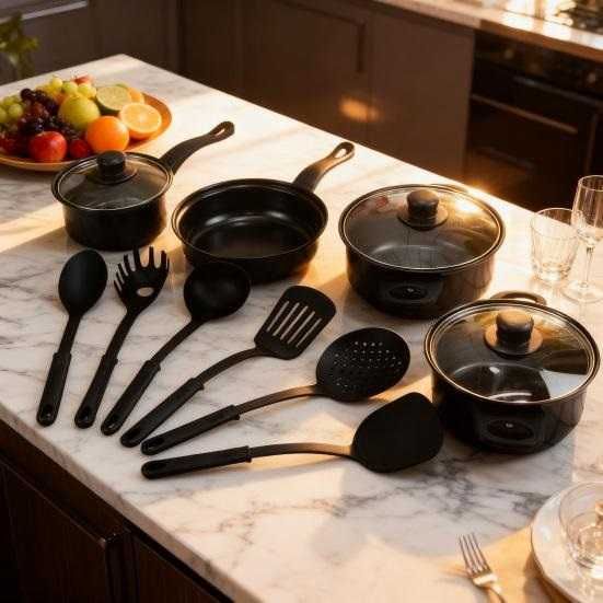 Комплект съдове за готвене от 13 части, Незалепващо покритие, Черни