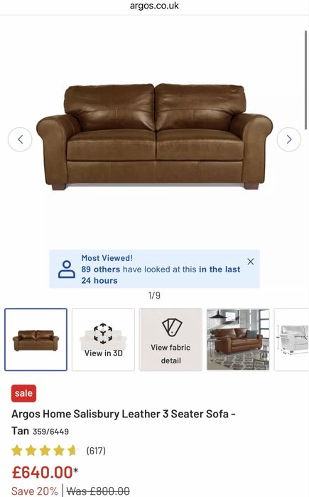 Canapea din piele cu 3 locuri Argos Home Salisbury -
