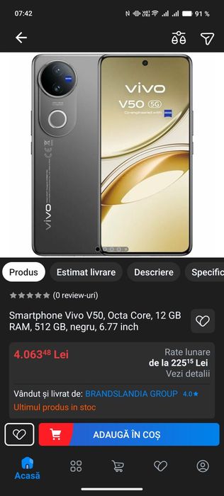 Vivo V50 cu 6,77" , 5G , 12/512GB , DualSIM, Zeiss Profesional camera