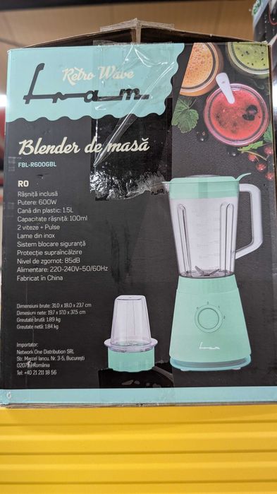 Blender Fram Retro Wave FBL-R600GBL 600W, 1.5L, Râșniță inclusă,
