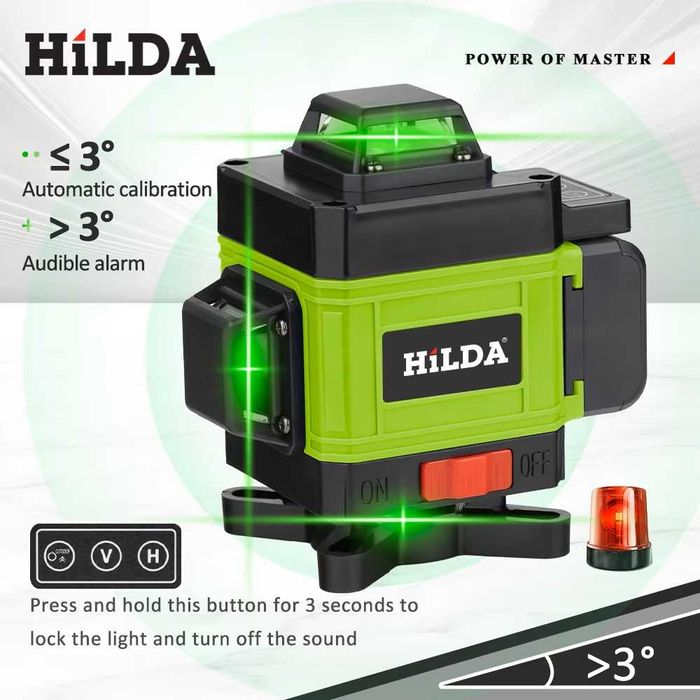 Nivelă Laser HILDA 4D 16 Linii, Fascicul Verde 360°, Auto-Nivelare nou