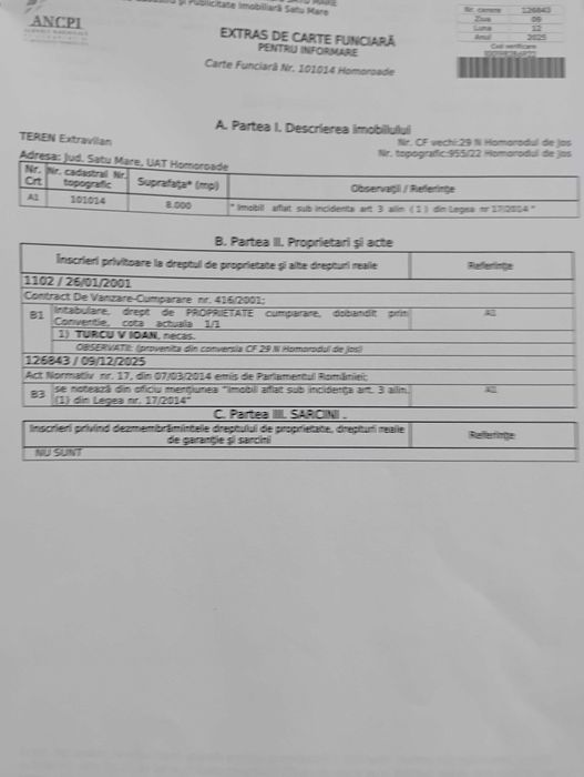 Teren extravilan 3ha 74 ari (37.400 mp), la sosea asfaltata, cu stalp curent si posibilitate apa.