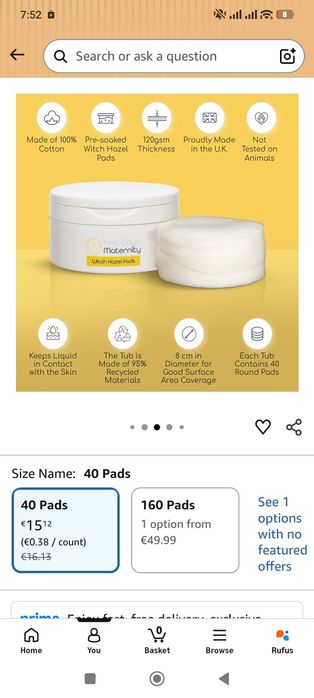 First Days Maternity - Witch Hazel Pads - Памучни тампони с Хамамелис за след раждане и хемороиди