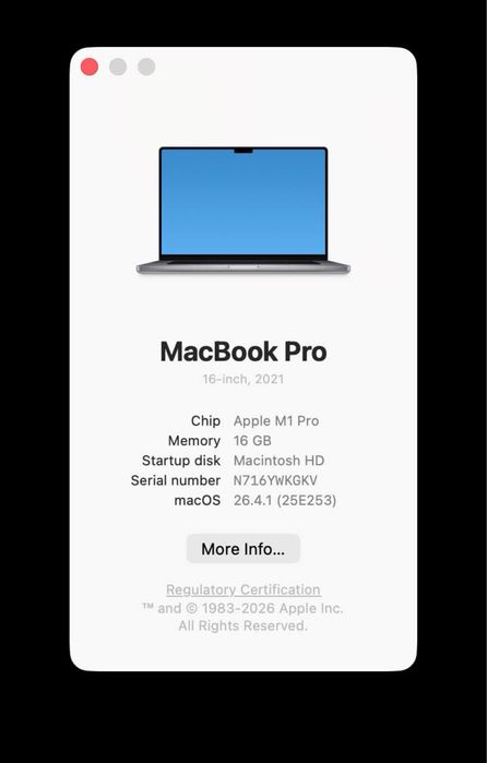 MacBook Pro 16” 2021, M1 Pro, 16 GB / 512 GB.