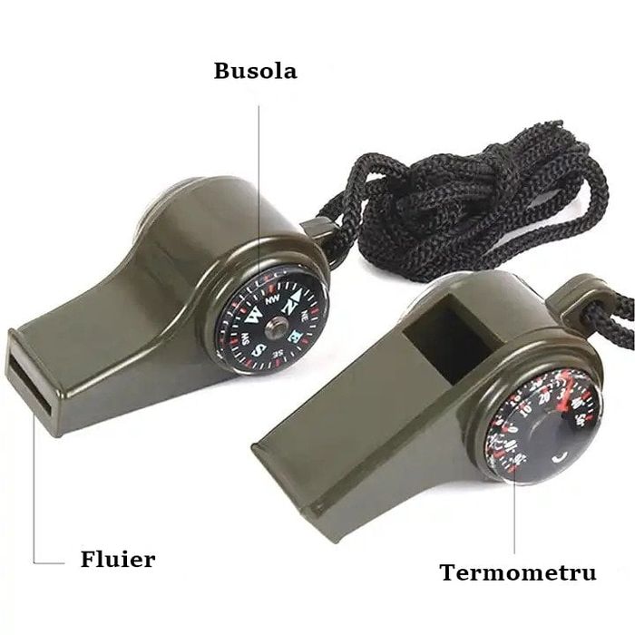 Fluier 3 in 1 DEPOX® cu busola si termometru, 6 cm, verde