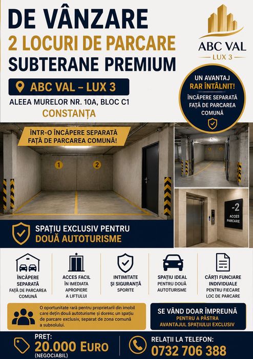 Vânzare 2 locuri de parcare subterane, într-o încăpere separată de celelalte parcări, mun. Constanța, aleea murelor 10A, bl C1, euromaterna