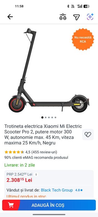 Trotineta electrica Xiaomi Mi Electric Scooter Pro 2, putere motor 300 W, autonomie max. 45 Km, viteza maxima 25 Km/h, Negru