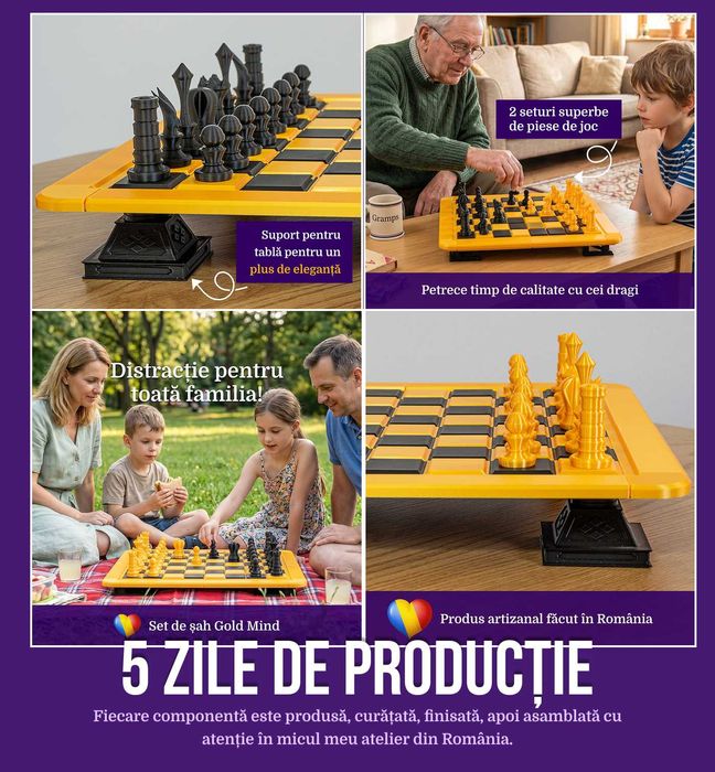 Set de sah Aur cu suport si piese detaliate | Produs in Romania | Rafinament si eleganta