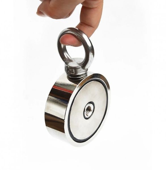 Magnet neodim oală D 75 mm cu două cârlige inelare și două fețe 200kg