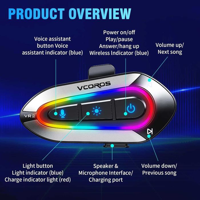 Слушалки за мотоциклетна каска VCOROS VR2 с 16-цветни RGB светлини