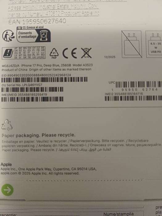 Iphone 17 Pro Blue 256Gb / 12Gb Ram Sigilat Factura Garantie 24 luni