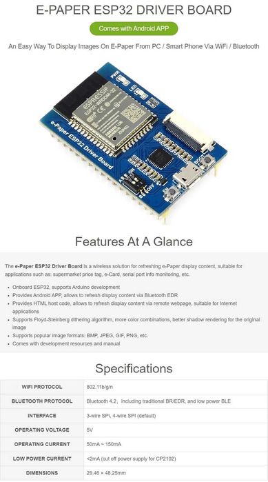 Placă de driver e-Paper universală Waveshare cu WiFi SoC ESP32