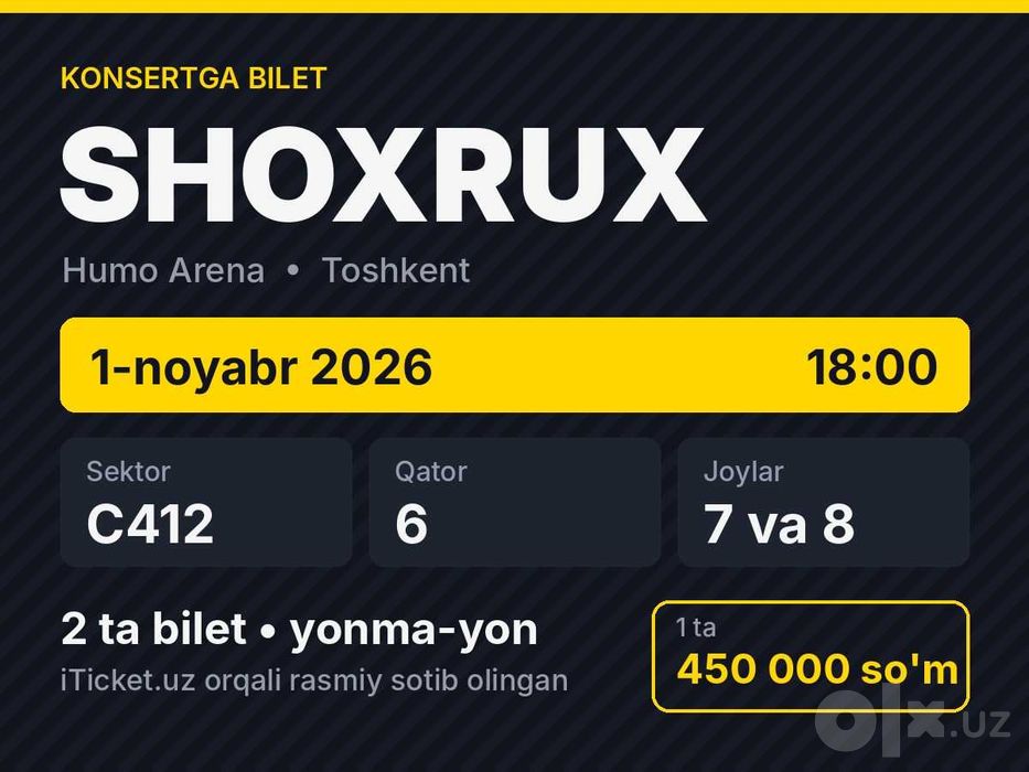 Shoxrux rep konsert 1-noyabr – 2 ta yonma-yon bilet, C412