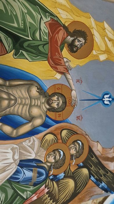Icoana cu scena Botezului Domnului, pictata manual pe lemn de tei