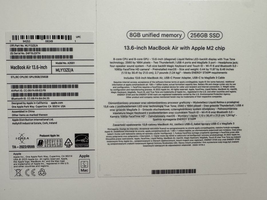 Macbook M2 пълен пакет с кутия зарядно , касова документи