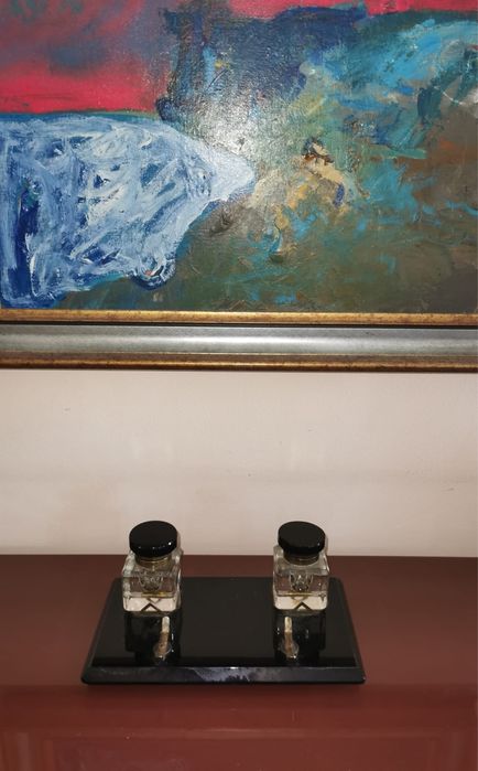 Мастилница мраморна оригинален комплект в стил Арт Деко две стъкленици