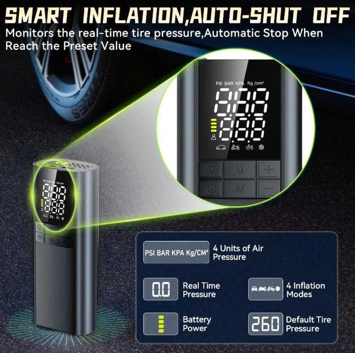 Мини безжичен компресор за гуми с батерия 8000mAh