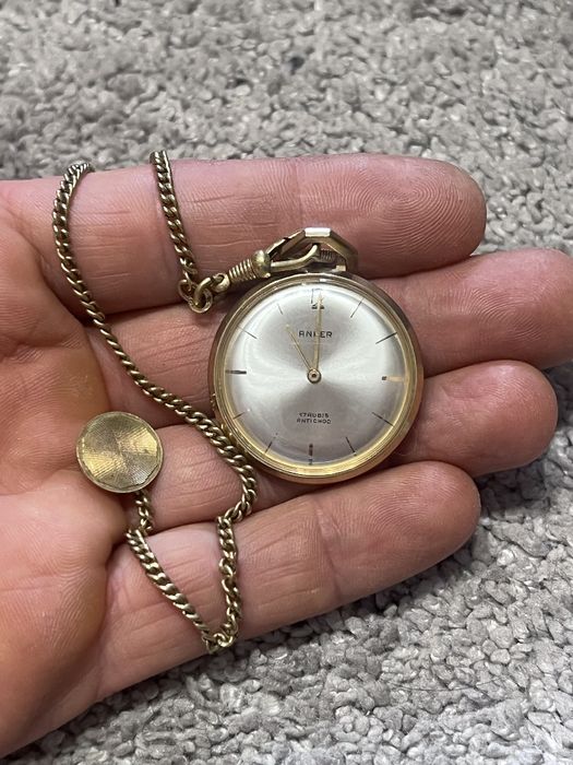 Ceas de buzunar Anker vintage, plaqué / placat aur, 17 rubis, Antichoc