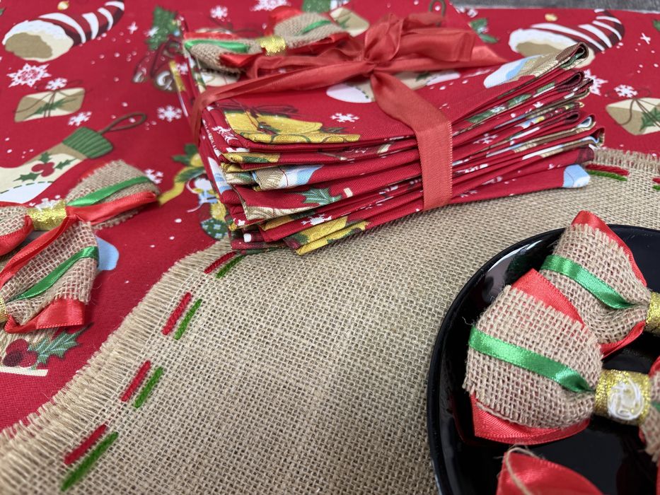 Новогдний сервизный набор на 12 персон, льнянная ткать Турция