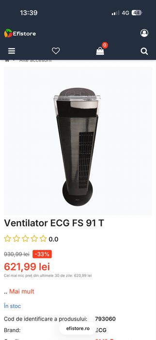 Ventilator turn cu ionizare ECG FS 91 T, 65W, 3 viteze, silentios, telecomanda