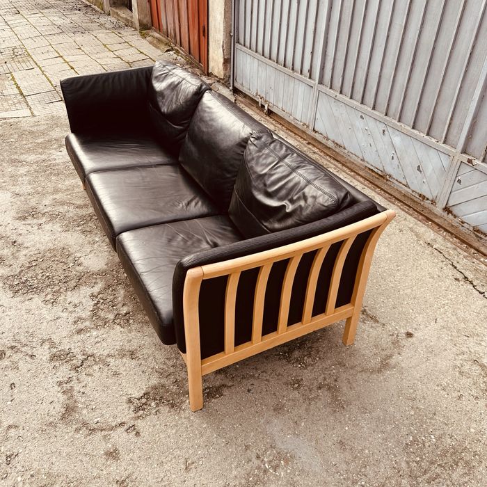 Датски 3-местен диван – естествена кожа, масив, скандинавски стил