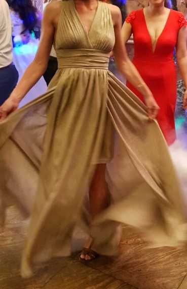 Rochie eleganta de nunta lunga, crem cu sclipici