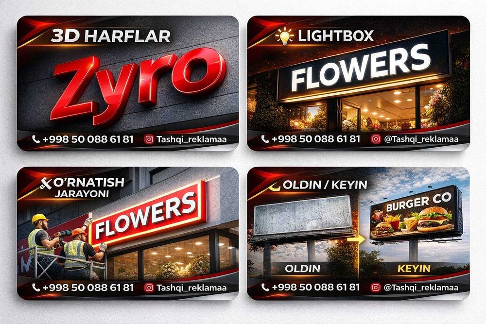 Tashqi reklama|3D harflar|Lightbox|Banner|O'rnatib berish