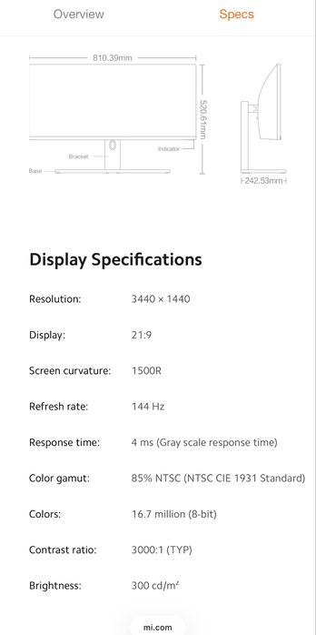 Xiaomi Mi 34” 21:9 144Hz 3440x1440 Монитор
