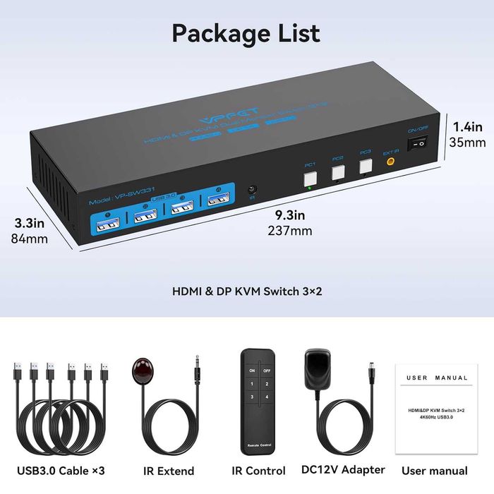 Switch Comutator KVM HDMI 2.0 Displayport 1.4 2 monitoare 3 PC 4K/8K