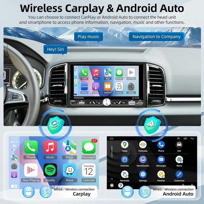 Двудиново автомобилно радио с безжичен Carplay/Android Auto, 6.8-инча