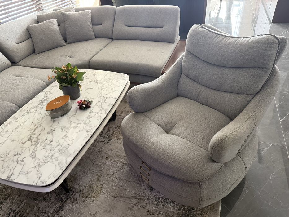 разтегателен диван, холна и трапезна маса, кресло, столове