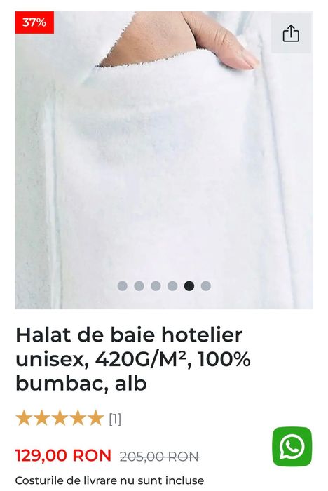Halat de baie hotelier premium unisex,  100% bumbac, alb