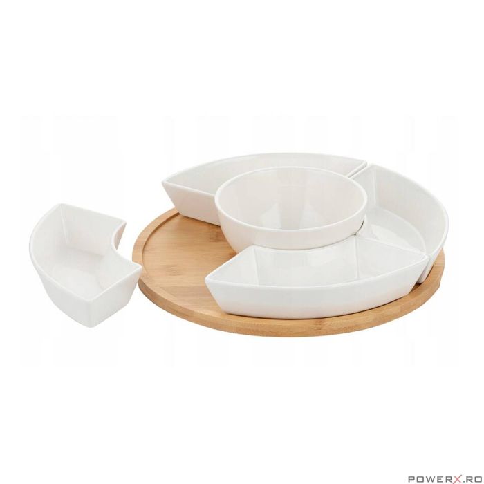Set boluri pentru servire, din portelan, cu suport din bambus, 5