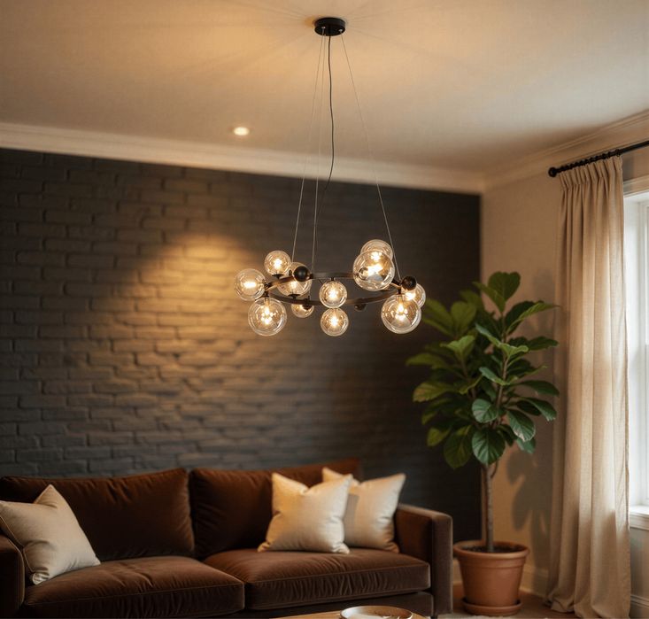 НОВА! Дизайнерска таванна лампа с кехлибарени стъклени балони 12x G9