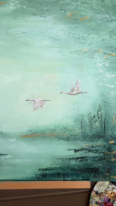 Tablou pictat peisaj cu lebede 40x60