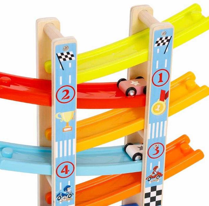 Pista cu 4  masinute, KOMAZI®, traseu cu 6 rampe, multicolor