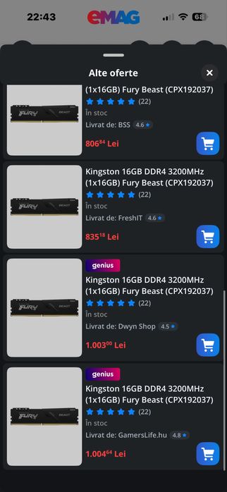 Kingston 16GB DDR4 3200MHz (1x16GB) Fury Beast