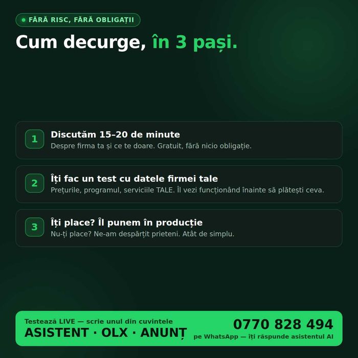 Asistent AI WhatsApp automatizari pentru afacerea ta răspunde și programează automat clienții. Testează LIVE pe numărul meu scrie asistent, OLX, anunț