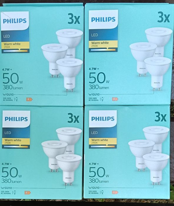 4 cutii Becuri LED Philips GU10, 4.7W (echivalent 50W), Warm White - Set 3 bucăți/cutie