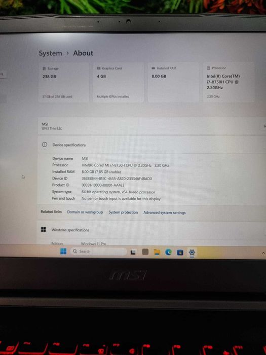 Noble Amanet - MSI GF63 8SC I7-8750H 8GB RAM, 256GB SSD, GTX 1650 4GB