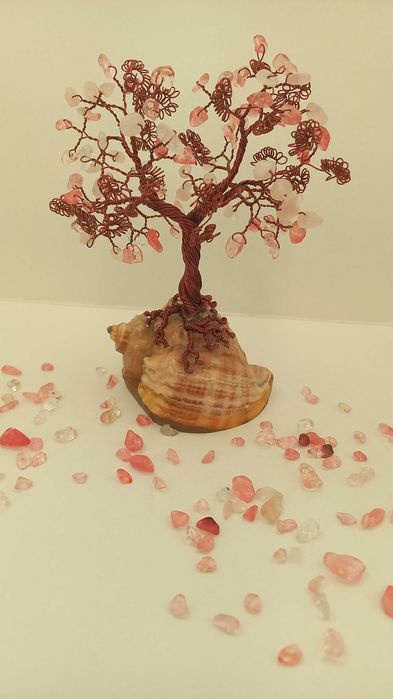 Copacel decoartiv handmade din Cuart roz si Cupru, 16 cm