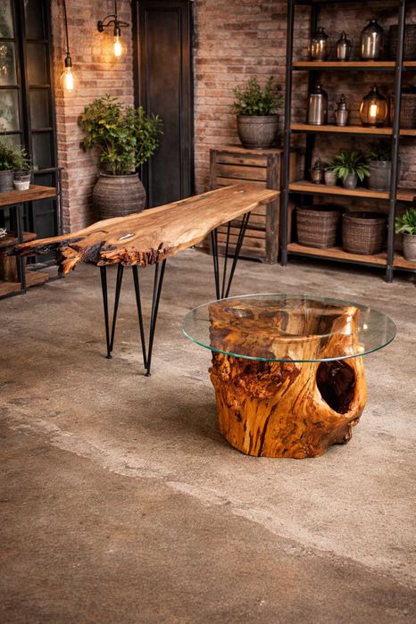 Masa hol picioare metalice blat masiv nuc