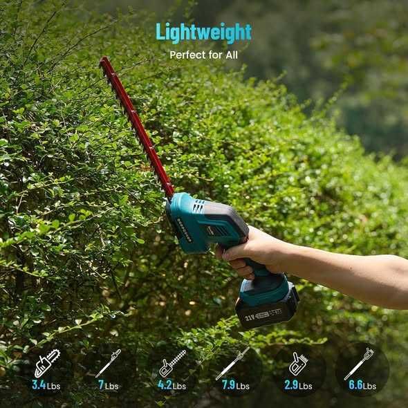 SEESII Set mini drujbă și tuns gard viu 6 în 1, cu 2 baterii